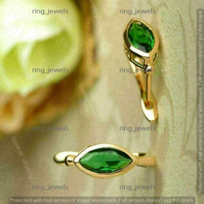 14K Yellow Gold Over 1Ct Marquise SIMULATED Green Emerald Women's Hoop Earrings - Image 1 of 3