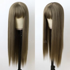 Pelucas de cabello sintético marrón ceniza sin encaje flequillo completo limpio largas rectas negras para mujer - Imagen 1 de 6