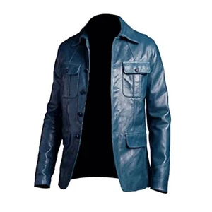 Men,s Blue Jacket Cowhide Leather Outerwear Soft Slim Fit coat Casual Fashion - Picture 1 of 3