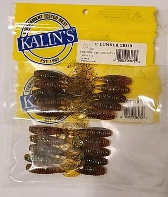 (2 unidades/20 cebos) Kalin's Curly Tail Lunker Grub 3" #710 Calabaza S&P/Escama Verde Foto 1 de 4
