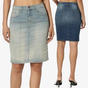 Women's Premium Washed Denim Mid Rise Slit Slim Pencil Above Knee Jean Skirt - Picture 1 of 22