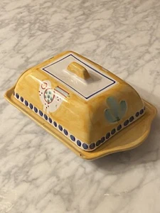 Ceramic Butter dish Positano bird Hand Made & Painted Yellow White Italy - Picture 1 of 9