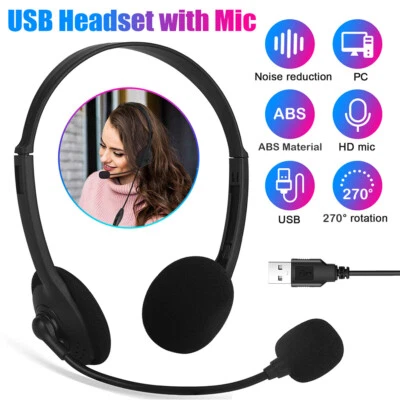 USB Headset Headphones Wired with Microphone MIC for Call PC Computer Laptop - Image 1 of 4