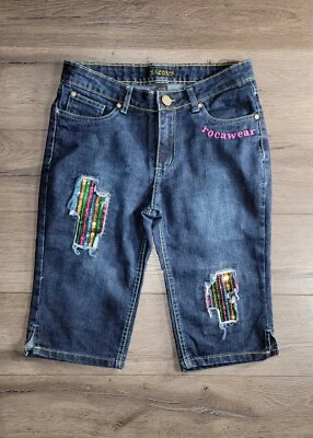 Pantalones de mezclilla vintage con parches de lentejuelas Ramie Capri de Roca Wear para niñas talla: 16  Foto 1 de 4