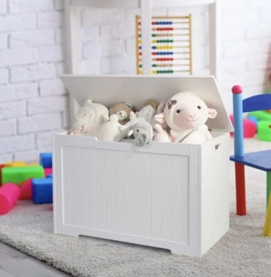 Caixa de brinquedos de madeira banco de armazenamento infantil com tampa flip-top e dobradiça de segurança branca - Imagem 1 de 4