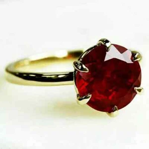 2Ct Round Cut Lab Created Ruby Solitaire Engagement Ring 14K Yellow Gold Plated - Picture 1 of 5