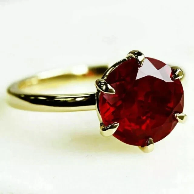 2Ct Round Cut Lab Created Ruby Solitaire Engagement Ring 14K Yellow Gold Plated - Image 1 of 4