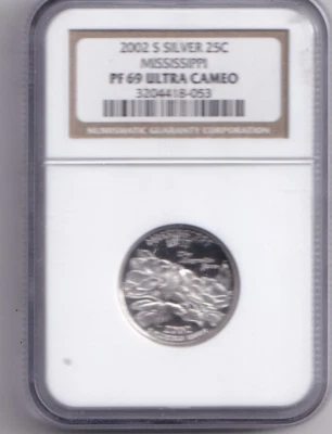 2002 S Silver Quarter Mississippi PF 69 Ultra Cameo 90% Silver NGC - Image 1 of 2