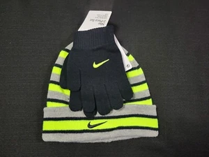 NIKE Boys Youth 8/20 2 Piece Fold over Futura Beanie Hat Gloves Set Gray Volt - Picture 1 of 10