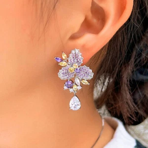 Silver Plated Purple Flower Leaf Drop Earrings Women Cubic Zircon Bridal Jewelry - Picture 1 of 7