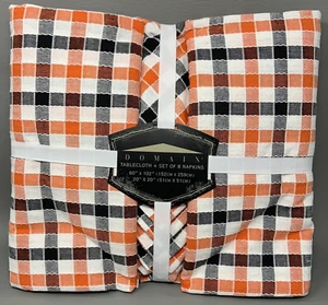 HERBST Baumwolle Gingham Karo Orange Schwarz Weiß TISCHDECKE mit 8 Servietten 60x102" - Bild 1 von 5