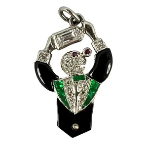 Art Deco Platinum Diamond Onyx Emerald Ruby Cocktail Waiter Charm Pendant - Picture 1 of 14