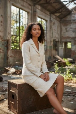 ST. JOHN EVENING Cream Silver Sequin Blazer Suit Jacket Size 12 - Image 1 of 4