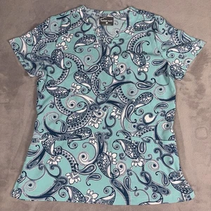 Butter-Soft Scrub Top Women's Size S Blue Green Paisley Floral Stretch Pockets - Picture 1 of 13