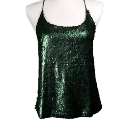 Camisola Tanque Espalda Corredora Lentejuelas Y2K De Colección M Verde Oliva Sirena Festival Disco Usada en Excelente Condición Foto 1 de 4