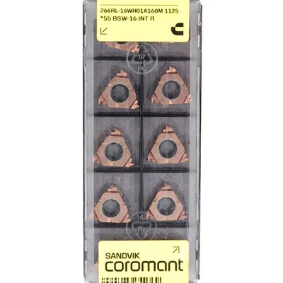 10 SANDVIK 266RL-16WH01A160M 1125 CNC Lathe Carbide BSW BSF BSP Threading Insert - Image 1 of 4