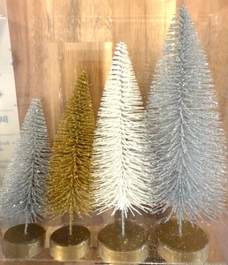 NEW Bottle Brush Tree Set of 6 Multiple Heights 4-8" Silver White Gold Glittery - Picture 1 of 4