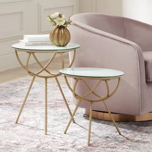 Mayflower Modern Metal Round Nesting Tables Set of 2 Gold Marbleized Glass House - Picture 1 of 7