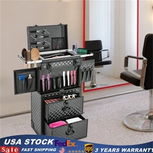 4-in-1 Pro Aluminum Rolling Makeup Case Salon Cosmetic Organizer Trolley Black - Picture 1 of 21