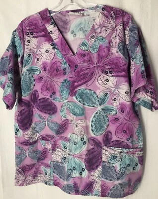 U. A. Scrubs 1x ? See Pics Butterfly Pattern Short Sleeve Pattern V Neck - Image 1 of 4