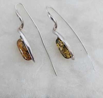 Baltic Amber Sterling Silver Earrings Amazing Drop Dangle w twist long tail - Image 1 of 4