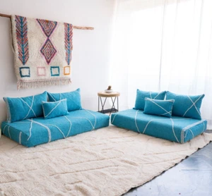 Moroccan Handmade Floor Couch - Unstuffed Cotton Turqoise Sofa cover+Pillowcases - Picture 1 of 8