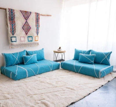 Moroccan Handmade Floor Couch - Unstuffed Cotton Turqoise Sofa cover+Pillowcases - Image 1 of 4