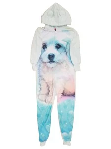 Girls White & Blue Puppy Dog One Piece Sleeper Bodysuit w/ Hood X-Small (4/5) - Picture 1 of 1