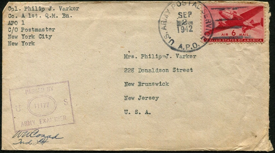 England Tidworth US Army APO1 Censored Airmail Cover to New Brunswick 1942 WWII - Image 1 of 1