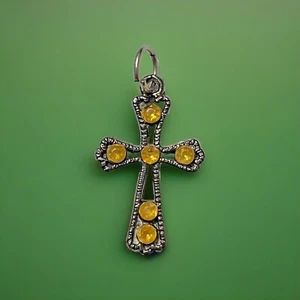 Vintage Yellow (AMBER) 6 Stones Silver Metal Cross Charm Pendant 1- 1/2" Length - Picture 1 of 6