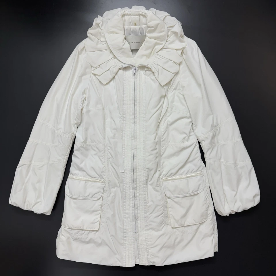 Elie Tahari White Utility Jacket Anorak Ruffle Drawstring Long Old Money Pleat M - Image 1 of 4