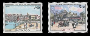 MONACO Sc #1385-6, 1983 BEACH & CAFE, PAINTINGS BY HUBERT CLERISSI - Picture 1 of 2