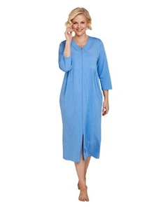Ladies Embroidered Zip Through Dressing Gown – 100% Cotton Jersey Robe for - Picture 1 of 14