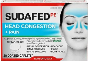Sudafed PE Head Congestion + Pain Caplets Ibuprofen 200 mg 20 Ct - 2 Pack - Picture 1 of 1