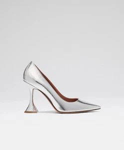 NIB Amina Muaddi metallic mirror silver crushed hammered AMI Leather Pumps 38 8 - Picture 1 of 12