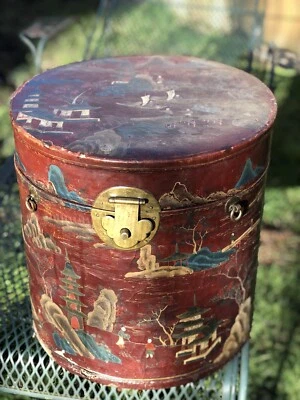 Caja de sombreros antigua china pintada redonda de finales del siglo 1800 hecha a mano RARA Foto 1 de 4