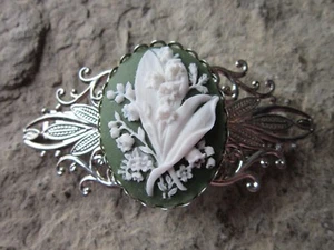 LIRIO DEL VALLE CAMAFEO PLATA FILIGRANA PASADOR - BLANCO/VERDE - FLORAL - Imagen 1 de 2