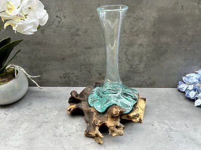 Molten Glass Stem Vase Gamal Root Wood Base Stand Ornament Rustic Flower Vase - Image 1 of 4