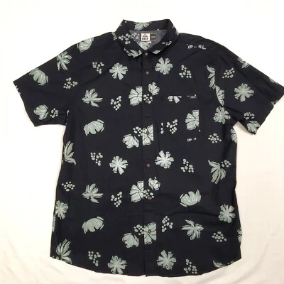 Large REEF Caviar Black Green Lawson Woven Men's Cotton Floral Shirt 46" - Image 1 of 4