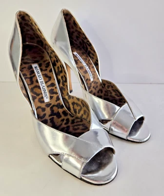 MANOLO BLAHNIK Silver Metalic Peep Toe Pumps Heels Size EU 36 1/2 MSRP $750 - Image 1 of 4
