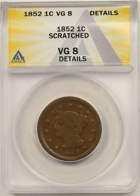1852 1C ANACS VG 8 Details Braided Hair Large Cent - Image 1 of 4