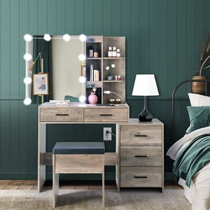 Makeup Vanity Desk Stool Set with LED Lights & Mirror Dressing Table 5 Drawers - Picture 1 of 8