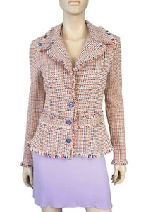 T-BAGS sz S Multicolor Frayed Cotton Boucle Tweed Jacket Unlined Blazer - Picture 1 of 4
