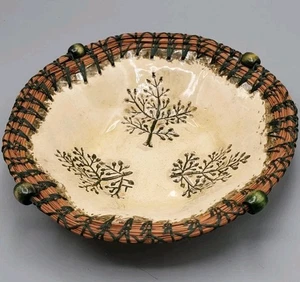 Unique Ceramic Pottery Dish With Tree Design & Woven Basket Edge Trim & Beads  - Picture 1 of 11