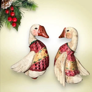 Vintage House of Hatten Christmas Geese wearing Ugly Sweaters Set Of 2 Ornaments - Picture 1 of 4