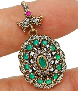 Ottoman Empire Style 3CT Treated Emerald 925 Sterling Silver Pendant S1-6 - Picture 1 of 2