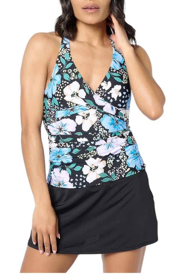 Jantzen Women's V-Neck Wrap Tankini Set w Skirted Bottom BlkFlor Foto 1 de 1