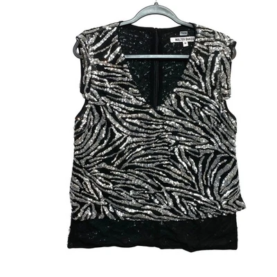 Top Walter Baker para mujer M negro plateado sin mangas lentejuelas estampado de cebra cuello en V Foto 1 de 4