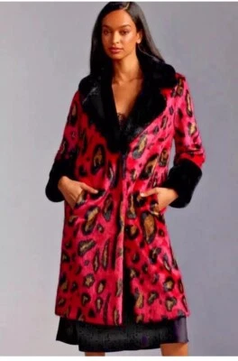Abrigo de piel sintética ANTHROPOLOGIE MAEVE leopardo negro rosa bloque de color talla S Foto 1 de 4