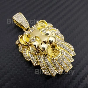 HIP HOP ICED RAPPER STYLE LAB DIAMOND 18K GOLD PLATED LION HEAD CHARM PENDANT - Picture 1 of 4